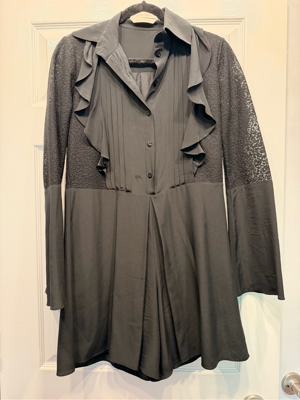See By Chloe Black Ruffle-Pleat Long Sleeve Romper